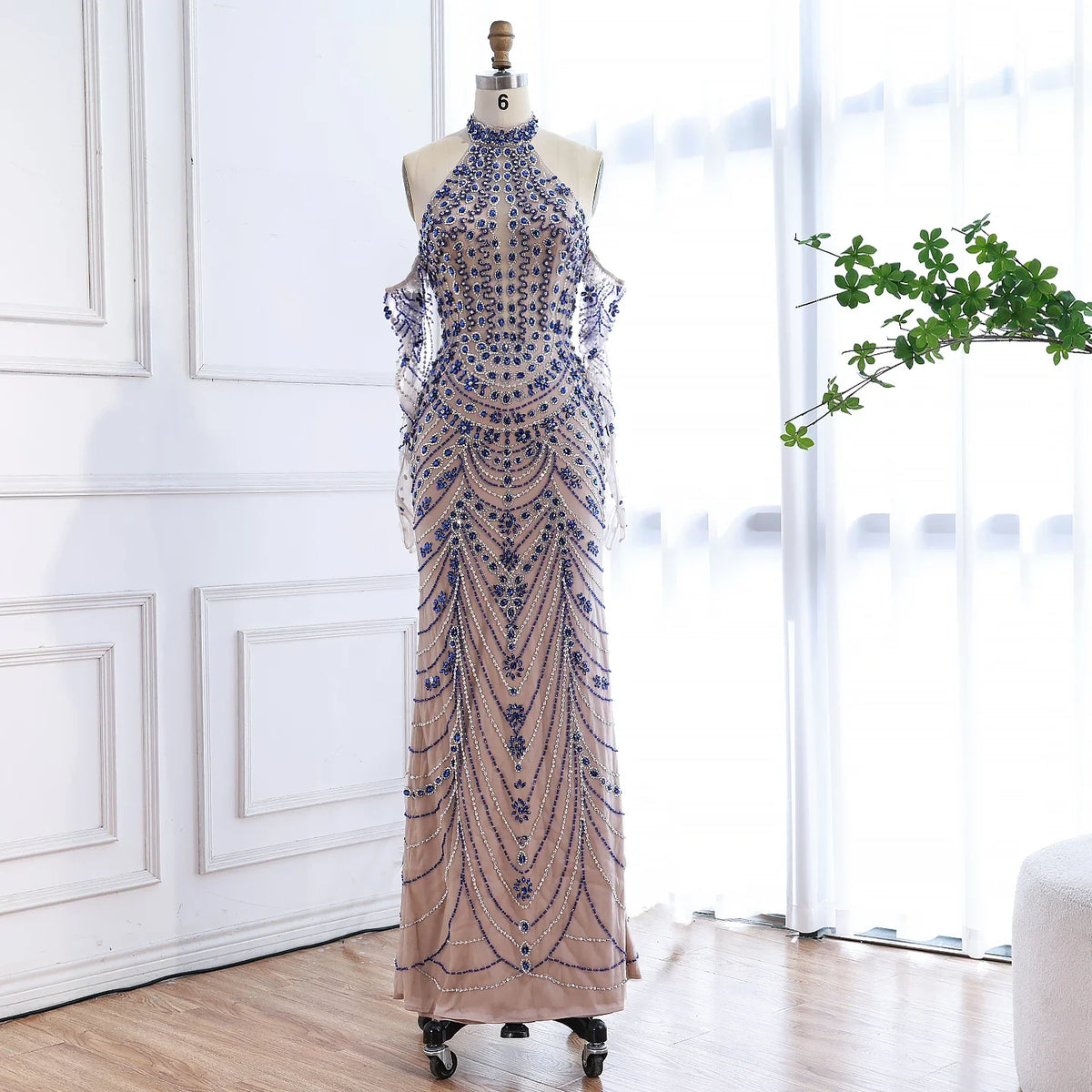 Kosovo Luxury Beaded Halter Evening Dress With Gloves CLA72760C