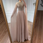 Luxury Nude Chiffon Beaded Evening Dress with Cape LA73144