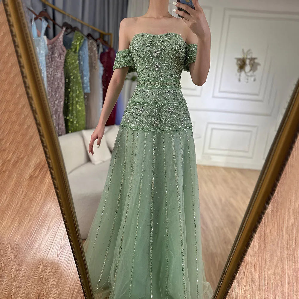 Luxury Caramel Off The Shoulder A-Line Beaded Evening Dress CLA72709