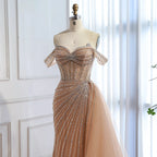 Luxury Nude Off Shoulder Beaded Mermaid Gown with Overskirt LA73139