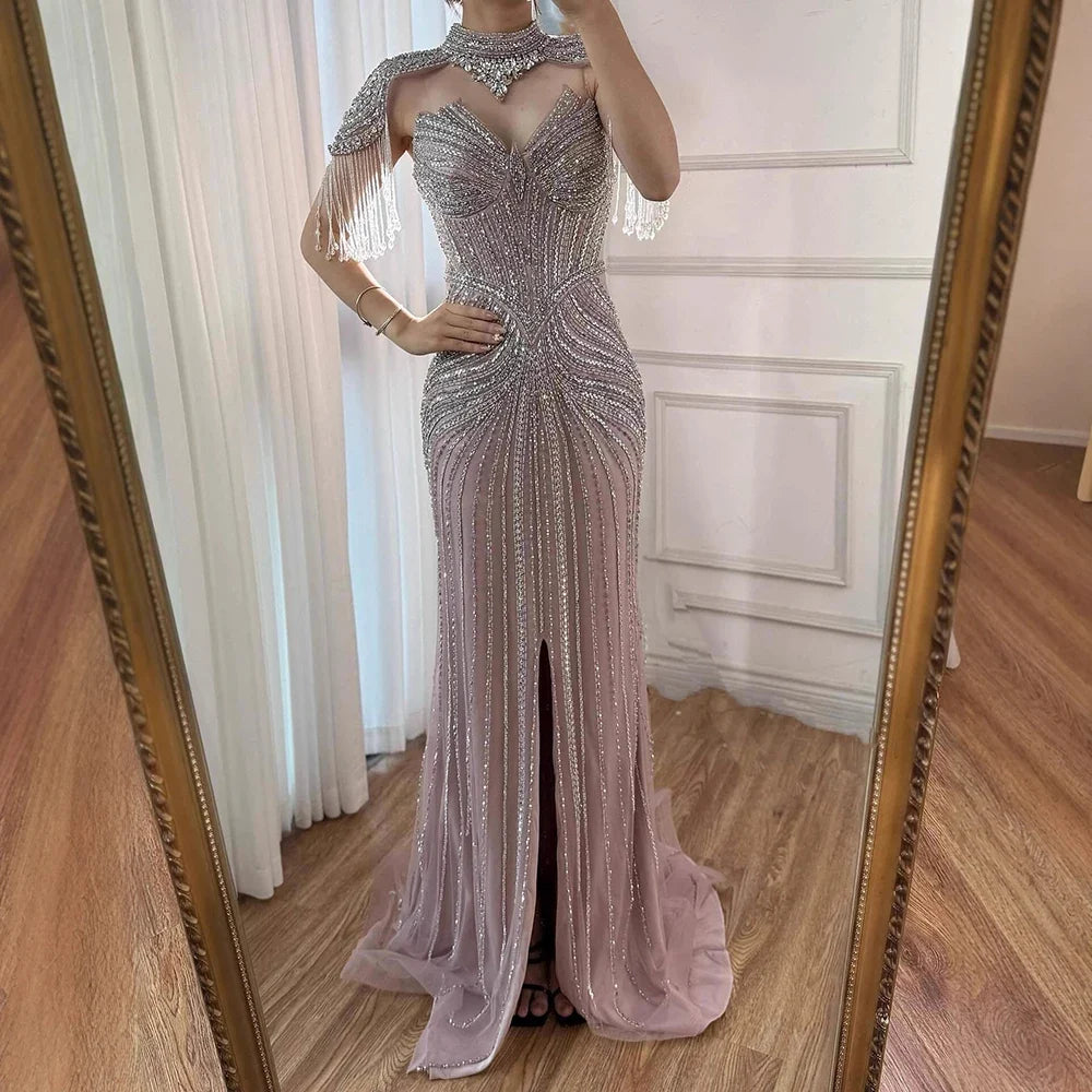 Arabic Luxury Beaded Mermaid Evening Dress With Detachable Tassels Cape CLA72891A