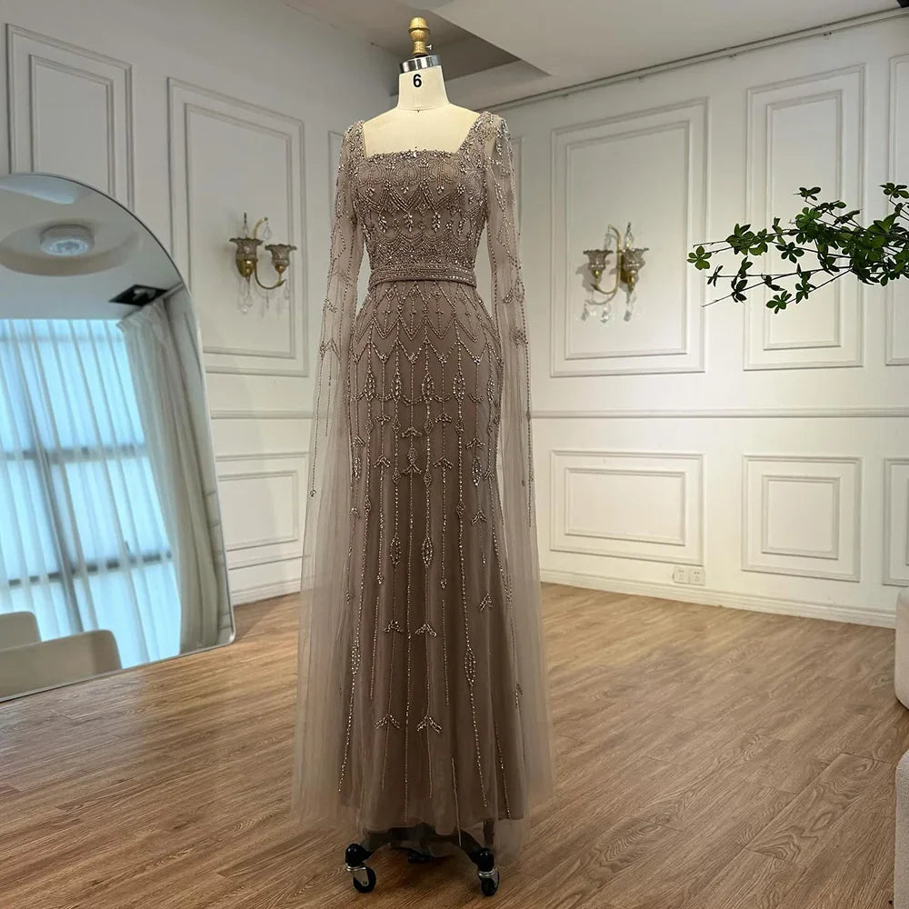 Luxury Arabic Caramel Beaded Evening Dress With Cape Sleeves CLA72966A