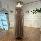 Luxury Arabic Caramel Beaded Evening Dress With Cape Sleeves CLA72966A