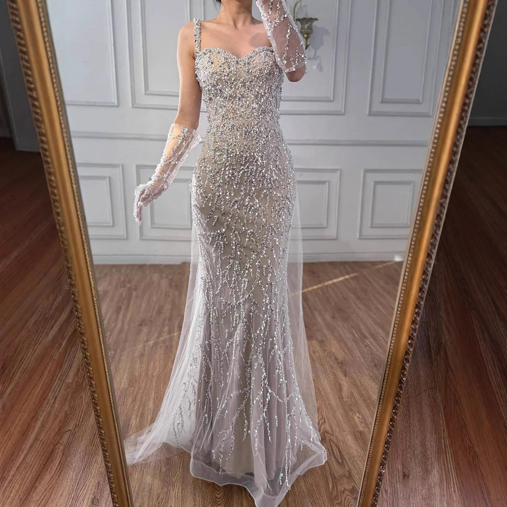Luxury Lace Pearls Mermaid Evening Dress With Glove White Nude CLA72345E
