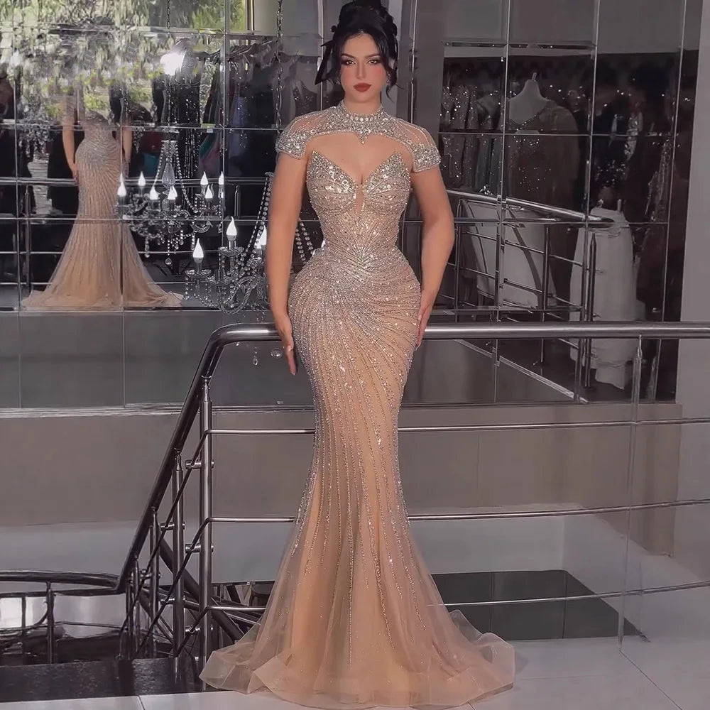 Arabic Luxury Beaded Mermaid Strapless With Detachable Cape Evening Dress CLA73087