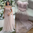 Simple Arabic Pink Pearls Beaded Evening Dress With Shawl CLA72922