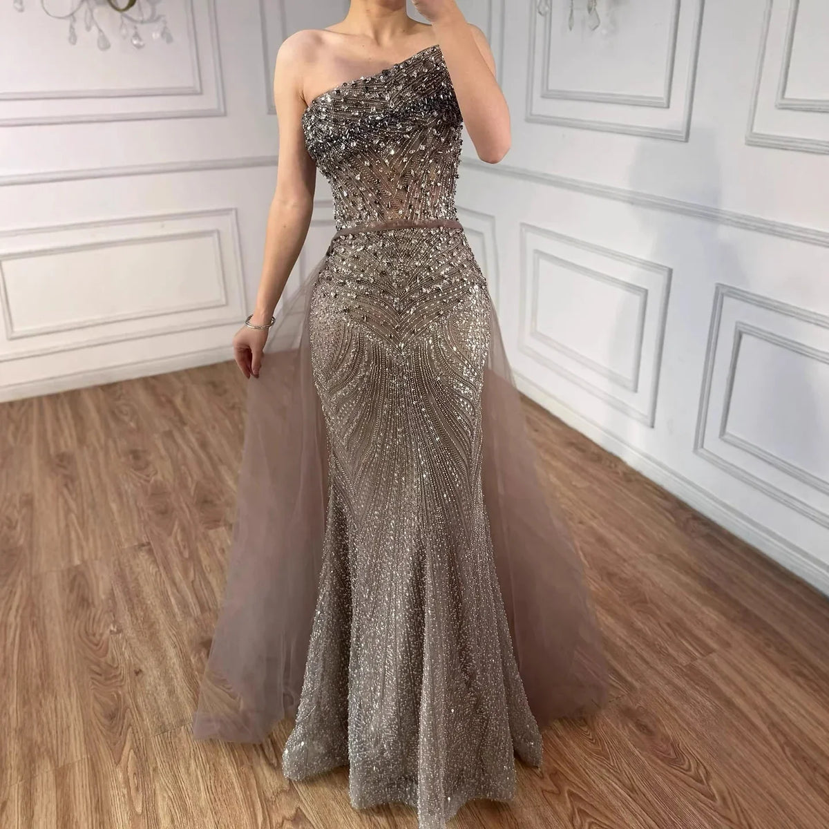 Luxury Olive Green Beaded Mermaid Evening Dress With Overskirt CLA73164A