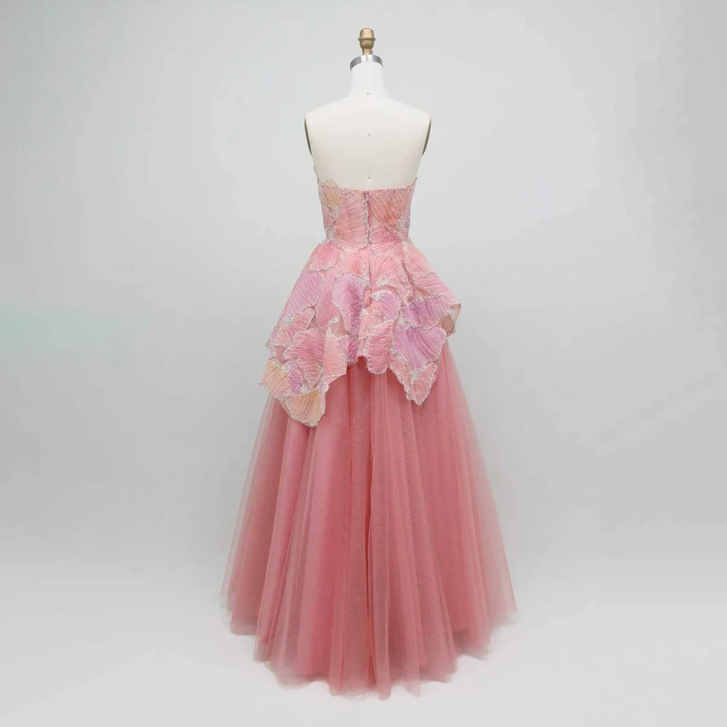 Luxury Peach Floral Appliqué A-Line Sparkly Evening Dress LA73185