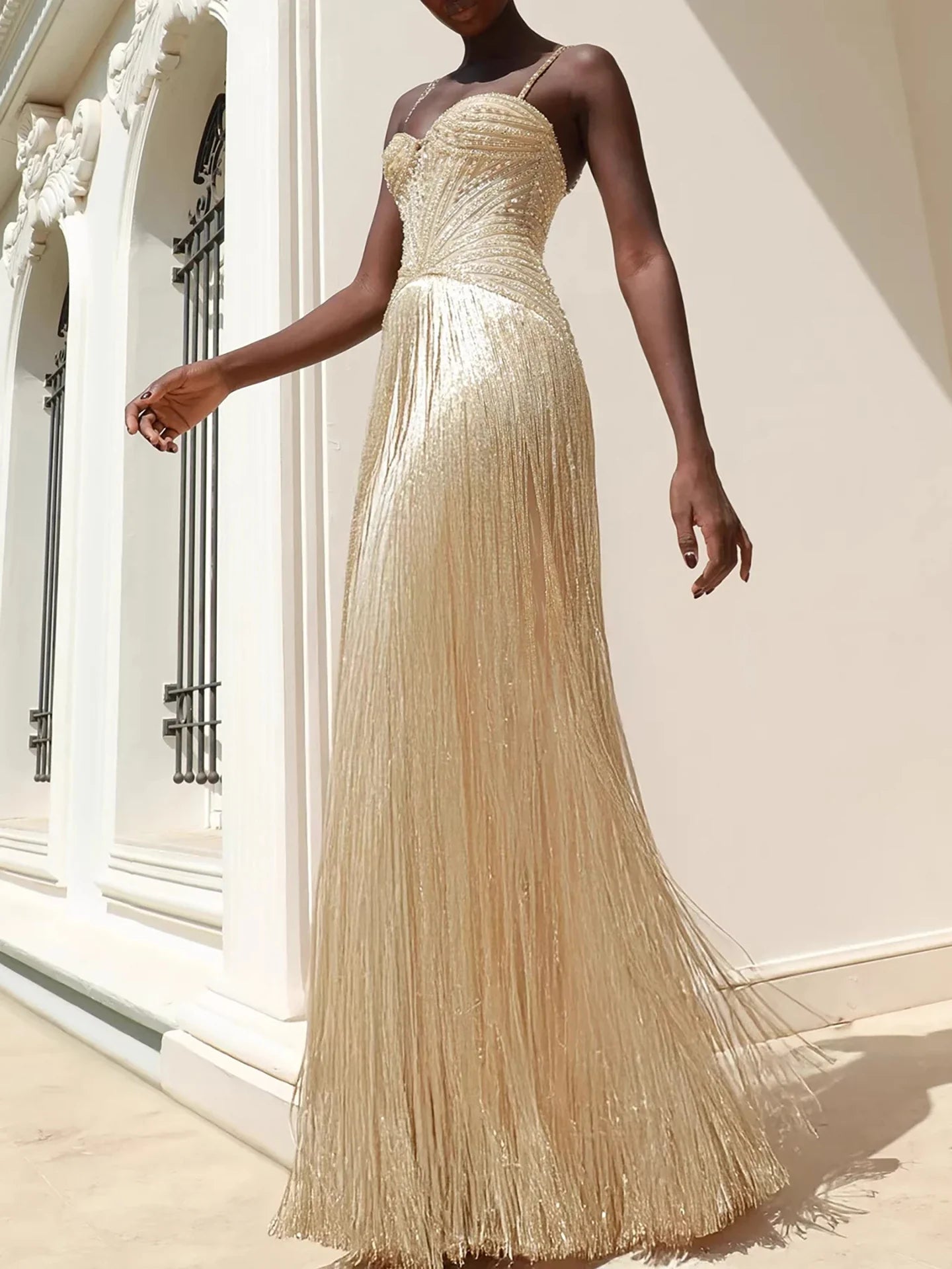 Arabic Luxury Beaded Tassels Mermaid Evening Dress Spaghetti Straps Women Party Gown CLA73446