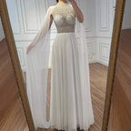 Luxury Nude Chiffon Beaded Evening Dress with Cape LA73144
