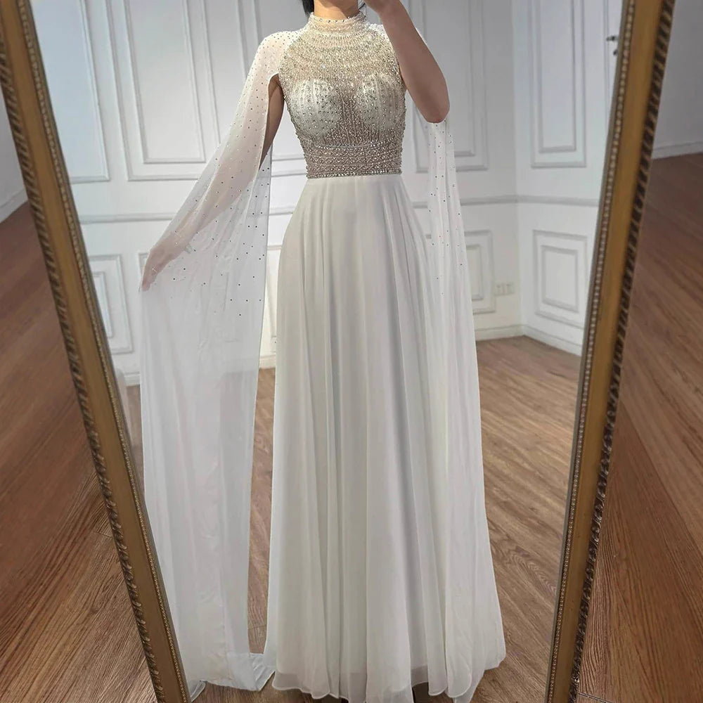 Luxury Nude Chiffon Beaded Evening Dress with Cape LA73144