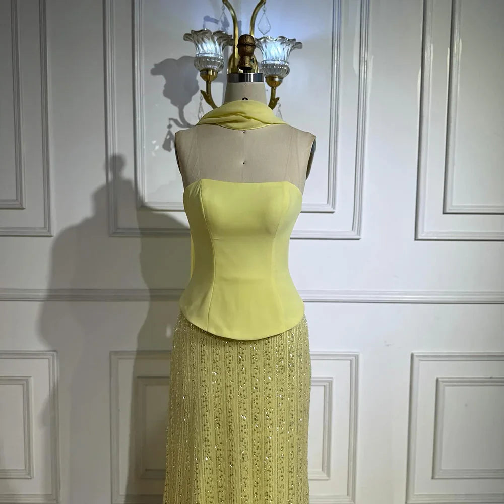 Simple Yellow Mermaid Evening Dress With Shawl CLA73007