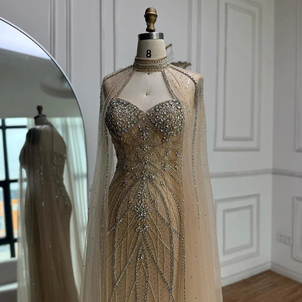 Luxury Turquoise Beaded Cape Sleeve Saudi Arabic Evening Dress LA73136A