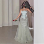 Luxury Sage Green Beaded Mermaid Evening Dress With Detachable Sleeves CLA73201