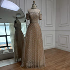 Luxury Nude Sliver Off Shoulder Beaded Crystal A-Line Evening Dress CLA73122