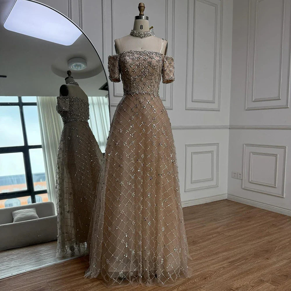 Luxury Nude Sliver Off Shoulder Beaded Crystal A-Line Evening Dress CLA73122