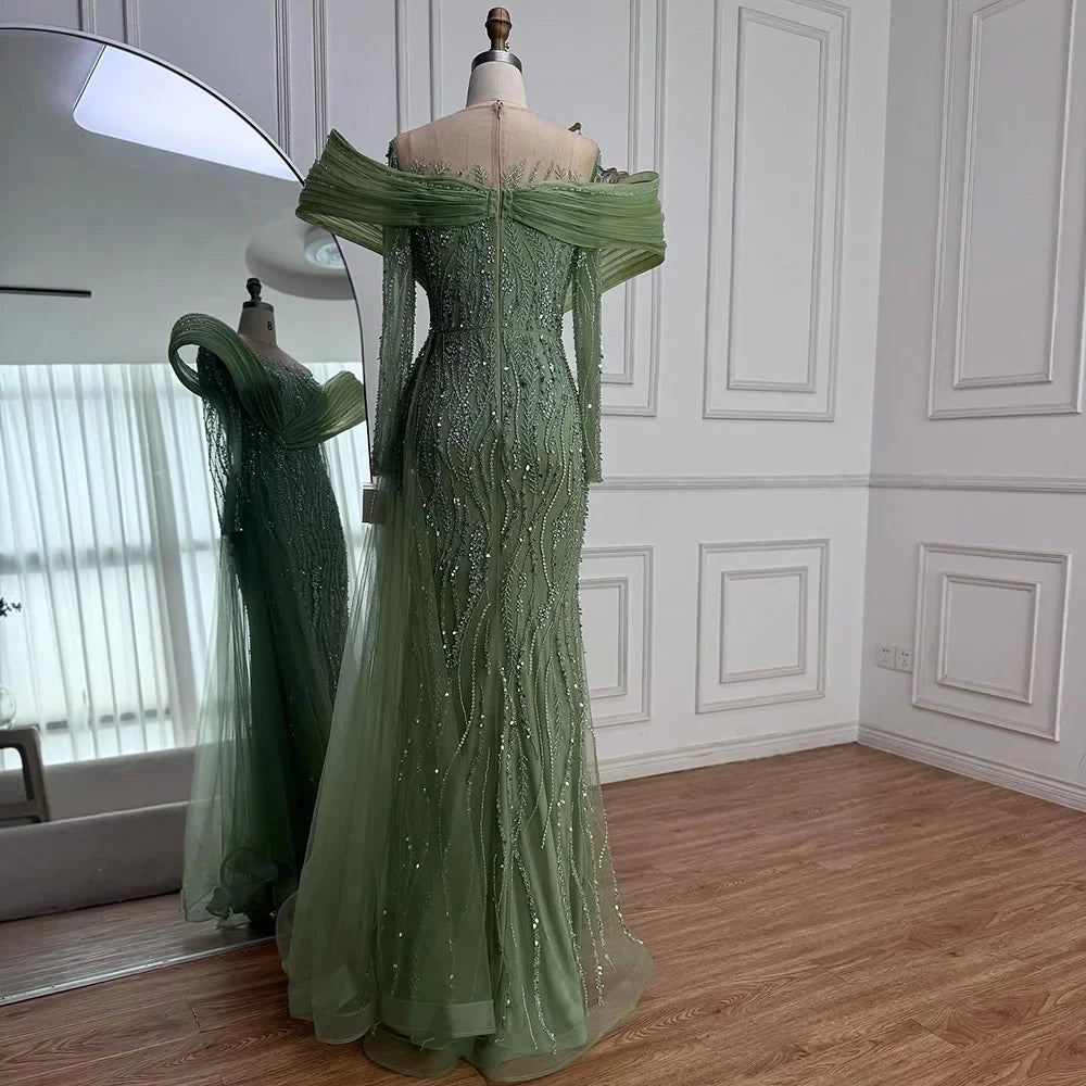 Arabic Luxury Elegant Sage Green Beaded Long Sleeves Evening Dress CLA72928