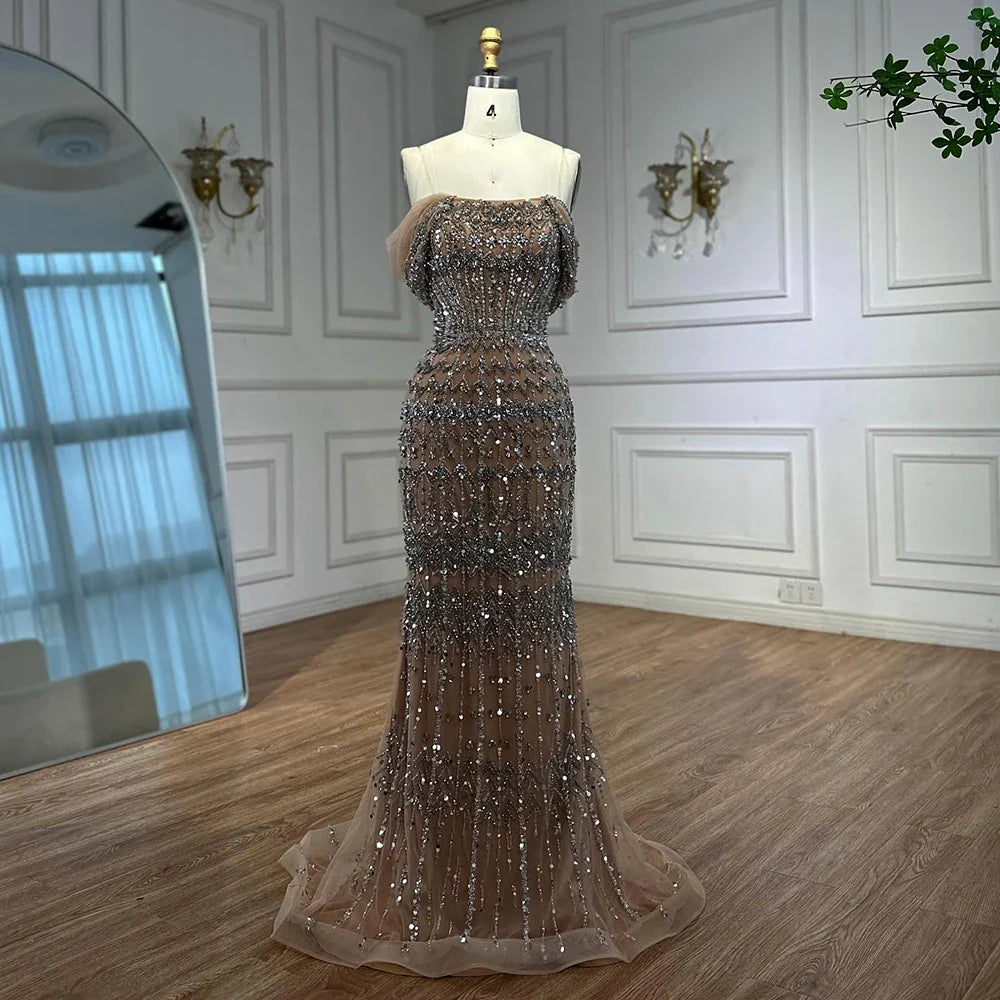 Dubai Mermaid Evening Dress Luxury Modest Arabic Party Gown CLA72714