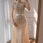 Luxury Nude Beaded Mermaid Evening Dress With Overskirt CLA73190