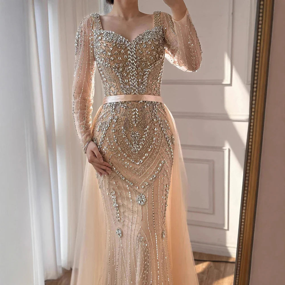 Luxury Nude Beaded Mermaid Evening Dress With Overskirt CLA73190