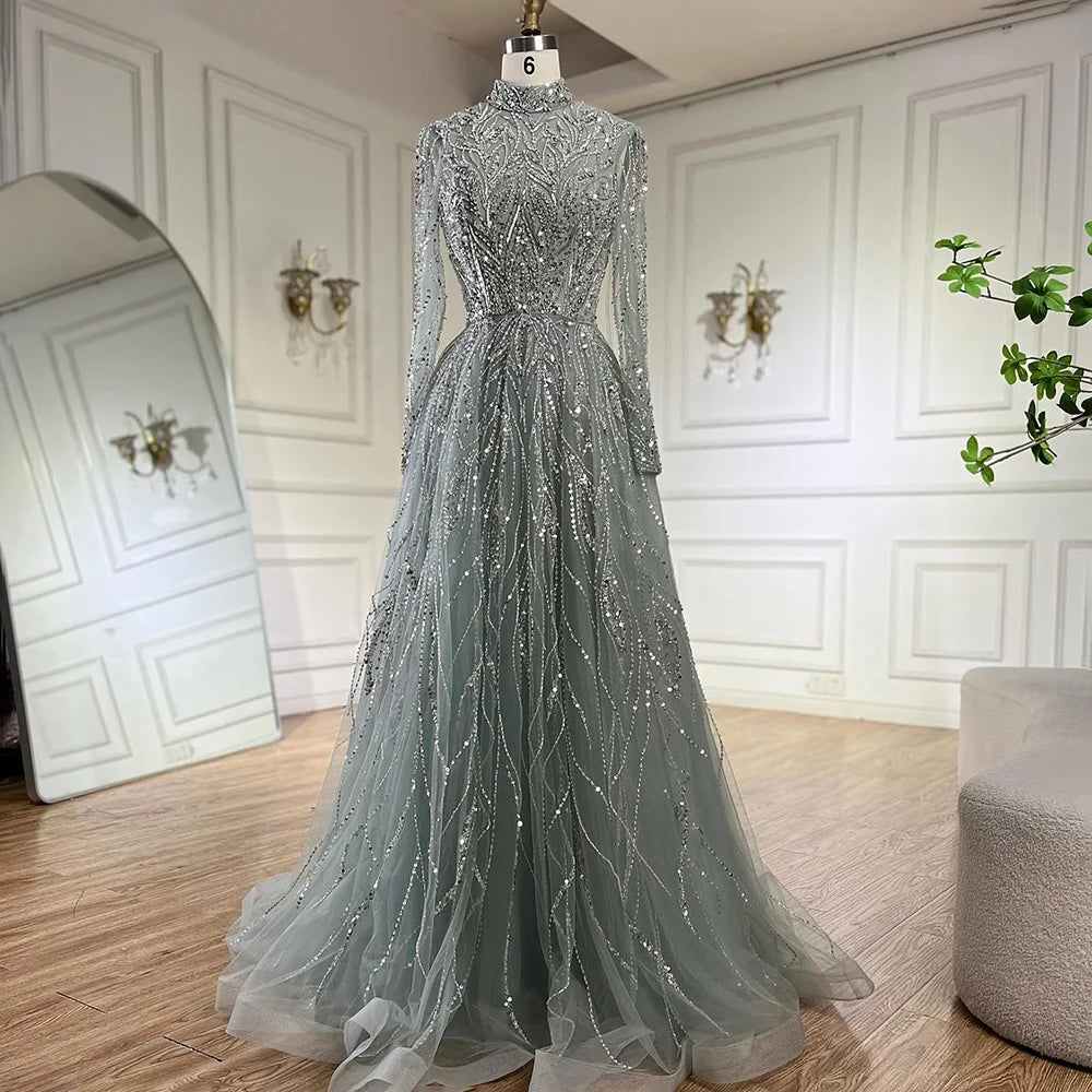 Muslim Formal Blue A-Line Beaded Evening Dress CLA72302A