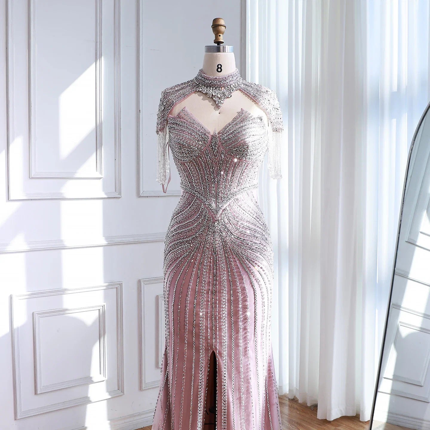 Arabic Luxury Beaded Mermaid Evening Dress With Detachable Tassels Cape CLA72891A