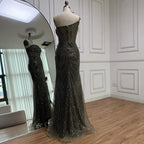 Luxury Olive Green Beaded Mermaid Evening Dress With Overskirt CLA73164A