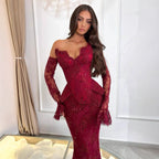 Luxury Burgundy Lace Beaded Mermaid Evening Dress CLA73341