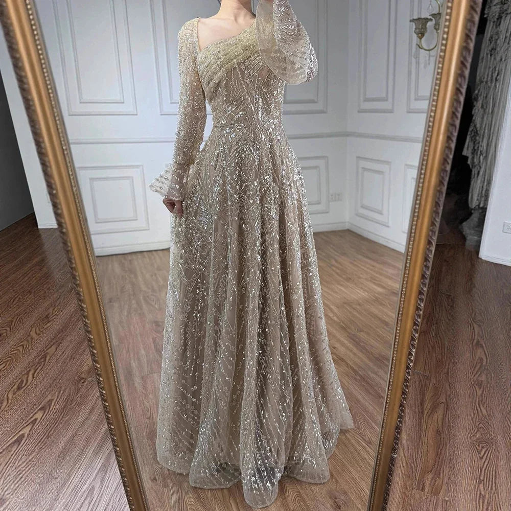 Arabic Turquoiise A-Line Flared Sleeves Simple Style Evening Dress CLA73177