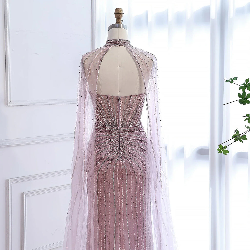 Luxury Dubai Caramel Beaded Evening Dress With Cape CLA72811C