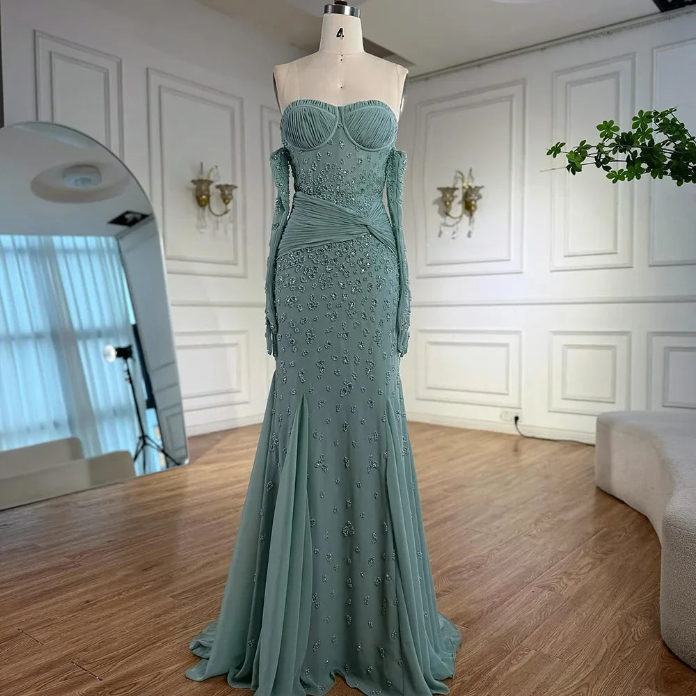 Luxury Turquoise Beaded Evening Dress With Gloves CLA72933