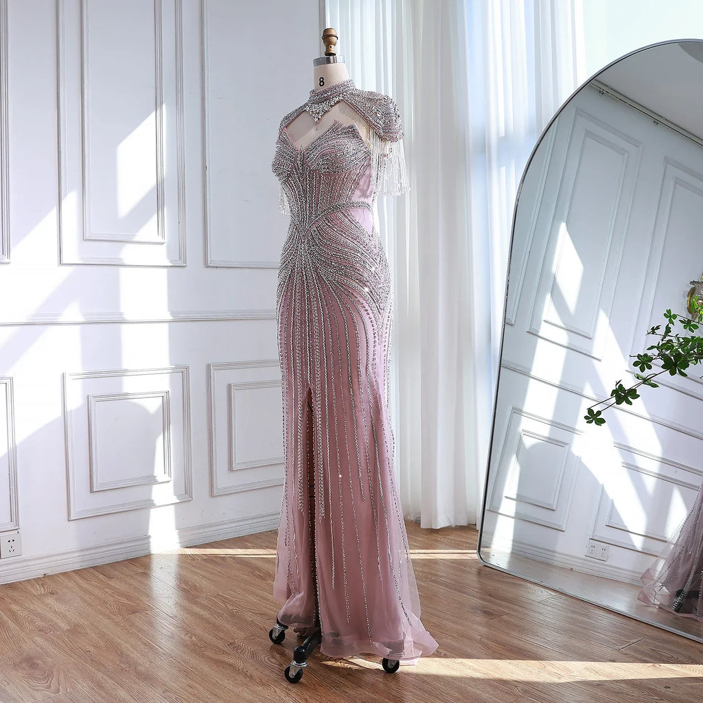 Arabic Luxury Beaded Mermaid Evening Dress With Detachable Tassels Cape CLA72891A