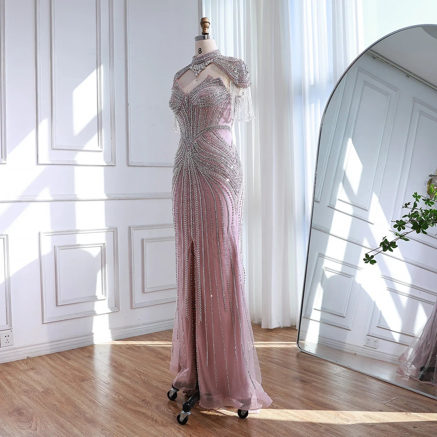 Arabic Luxury Beaded Mermaid Evening Dress With Detachable Tassels Cape CLA72891A