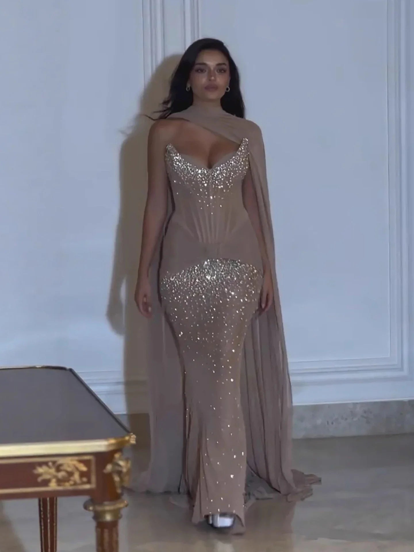 Luxury Arabic Nude Beaded Strapless With Cape Corset Evening Dress CLA73343