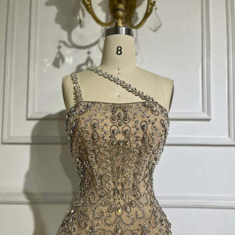 Luxury Dubai Elegant Nude One Shoulder Beaded Evening Dresses Gowns for Formal Occasion CLA72791
