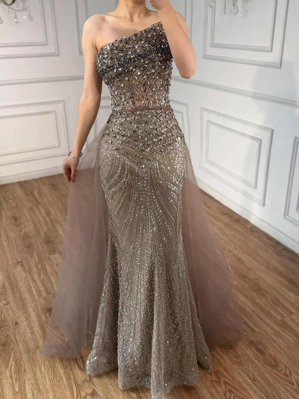 Luxury Olive Green Beaded Mermaid Evening Dress With Overskirt CLA73164A