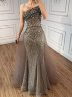 Luxury Olive Green Beaded Mermaid Evening Dress With Overskirt CLA73164A