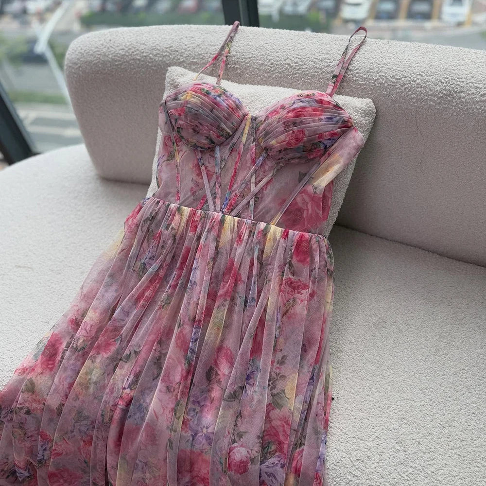 Arabic Chiffon Printed Floral Sleeveless A-Line Prom Dress CLA73149