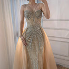 Luxury Nude Spaghetti Strap Mermaid Evening Dress with Overskirt Beaded CLA73090A