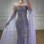Arabic Luxury Beaded Mermaid Evening Dress Modest High Neck Cape Sleeves CLA72714A