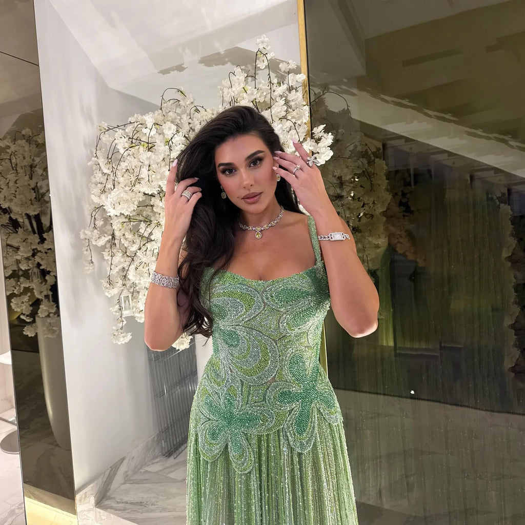 Kosovo Luxury Full Beaded A-Line Spaghetti Straps Evening Dress Women Occasion Party Gown CLA73332