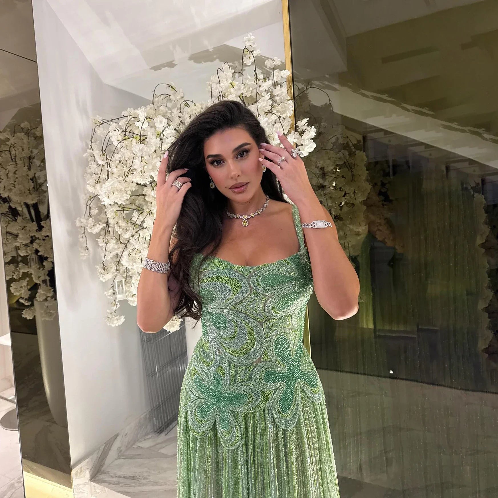 Kosovo Luxury Full Beaded A-Line Spaghetti Straps Evening Dress Women Occasion Party Gown CLA73332