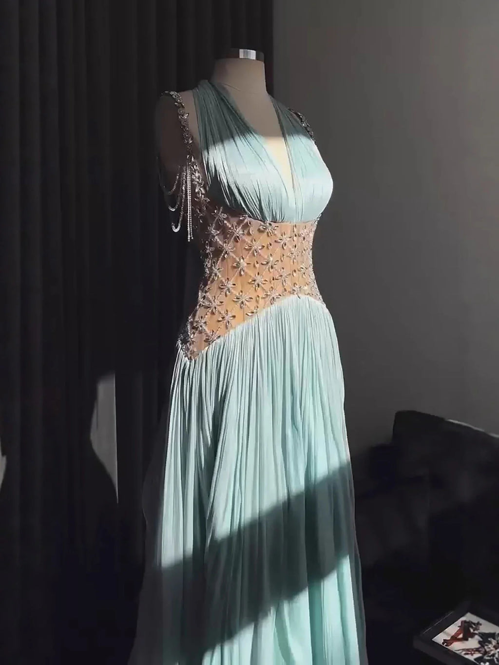 Turquoise Beaded A-Line Simple Style Evening Dress CLA73421