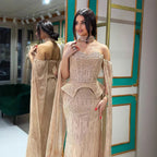 Luxury Rose Gold Beaded Off-Shoulder Evening Dress With Cape Sleeves CLA73076