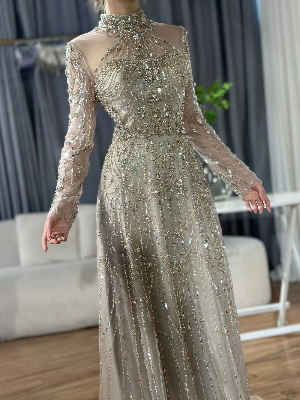 Luxury Dubai Designer Modest A-Line Blue Lace Beaded Evening Dresses CLA72704