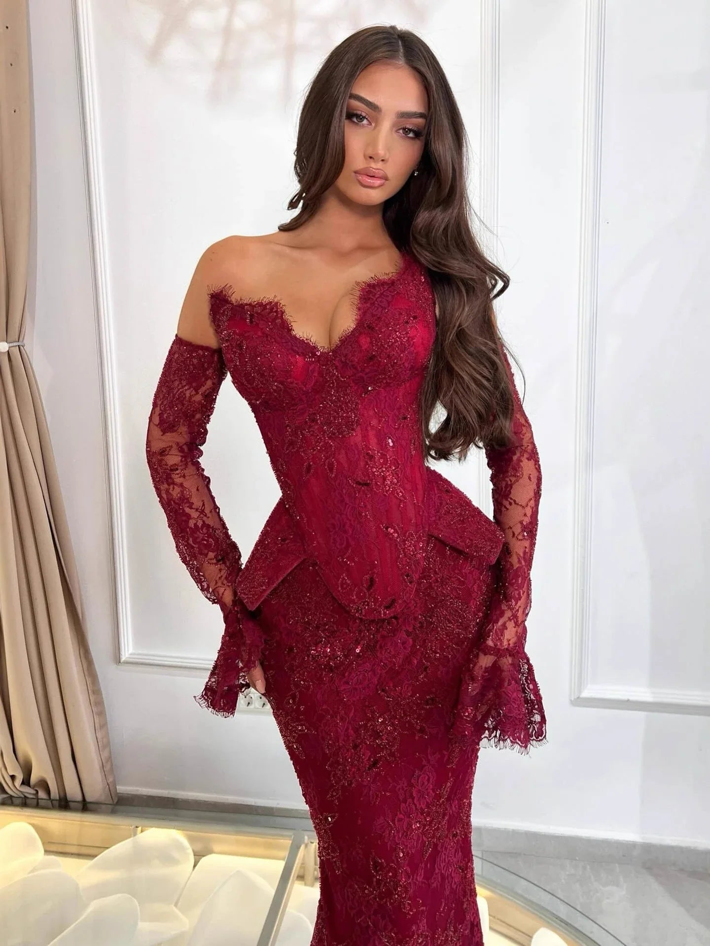 Luxury Burgundy Lace Beaded Mermaid Evening Dress CLA73341