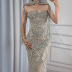 Kosovo Luxury Beaded Pearls Tassels Nude Evening Dress With Short Cape CLA72876