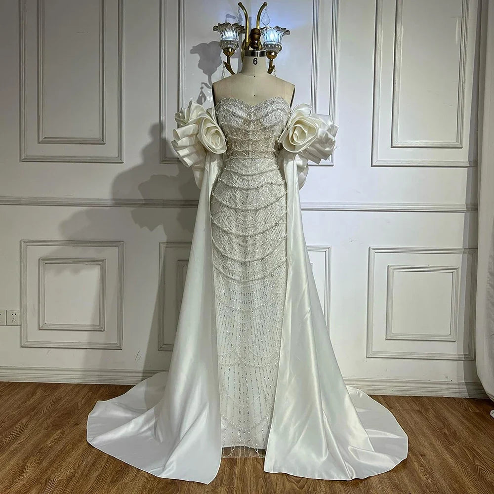 Arabic Luxury Pearls Strapless Mermaid With Cape Evening Dress CLA72585A