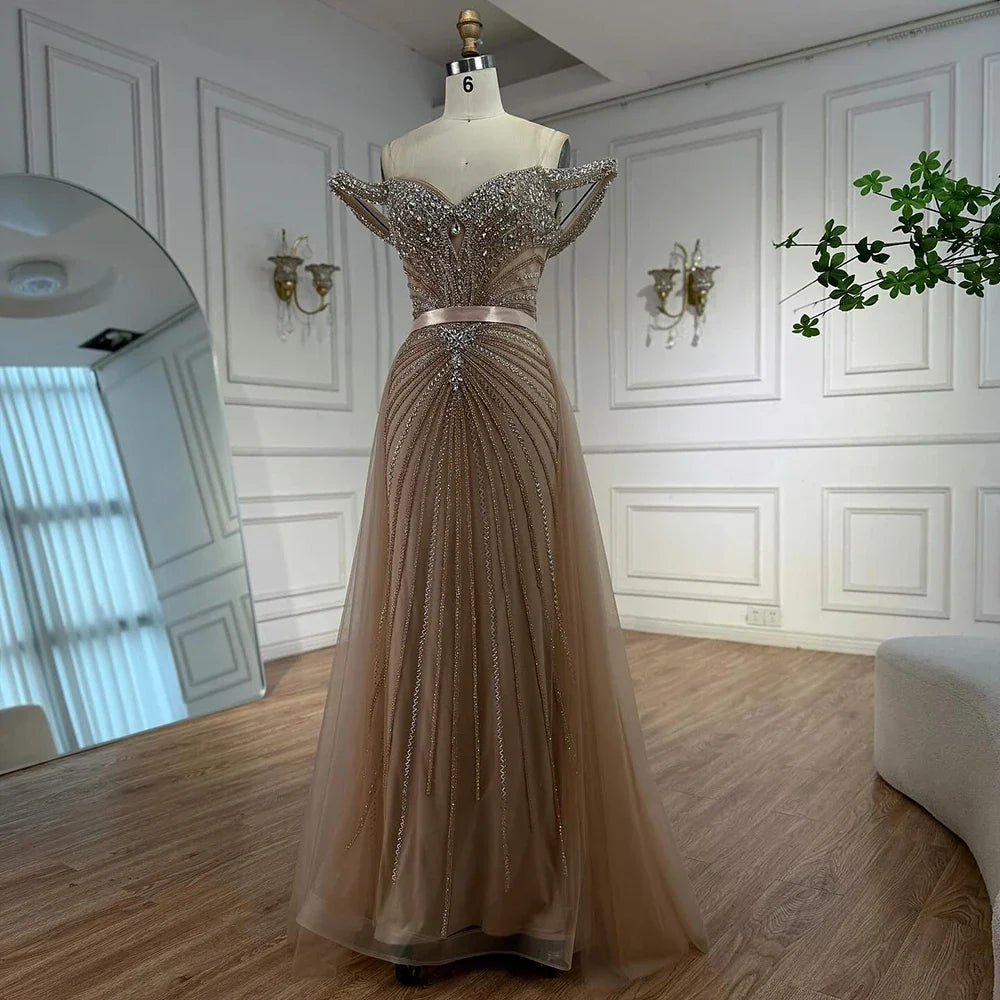 Arabic Luxury Beaded Off Shoulder Mermaid With Overskirt Evening Dress CLA73128