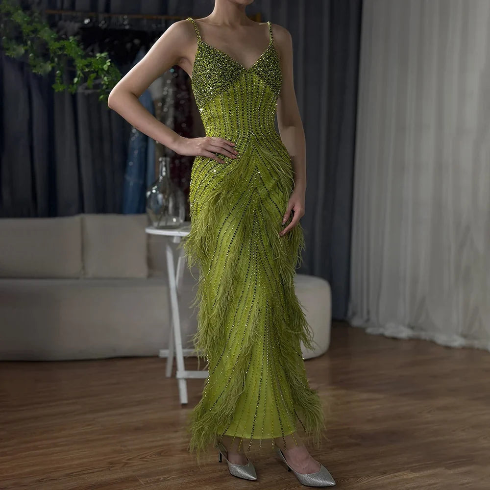 Arabic Mustard Yellow Luxury Beaded Feathers Mermaid Ankle LengthEvening Dress CLA72055